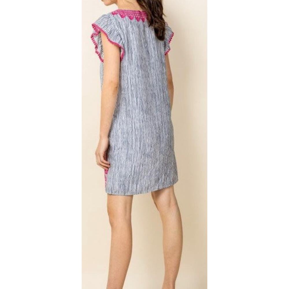 THML Anthropologie Stripe Embroidered Shift Dress Pink Navy Flutter Sleeve Large - Picture 2 of 6